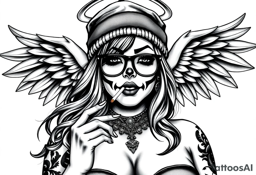 Chicana BBL sexy chunky plus size beautiful long hair clown makeup angel wings thug beanie eyeglasses smoking a cigarette tattoo idea