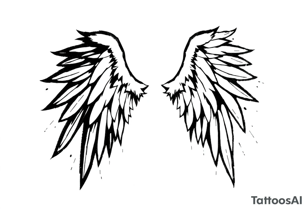 the wings go up

This tattoo design features a pair symmetrical angel wings drawn in black ink with a rough, sketch-like style. The left wing is darker, more defined, and appears denser, while the right wing is lighter, more delicate, and fragmented, creating a contrast between the two. The feathers are sharp and irregular, with fine lines and stray strokes extending outward, adding a raw and artistic feel. The overall look is dynamic and slightly chaotic, giving the impression of movement or an unfinished, ethereal form. This design symbolizes duality, freedom, transformation, or even struggle, making it a meaningful and visually striking tattoo. tattoo idea