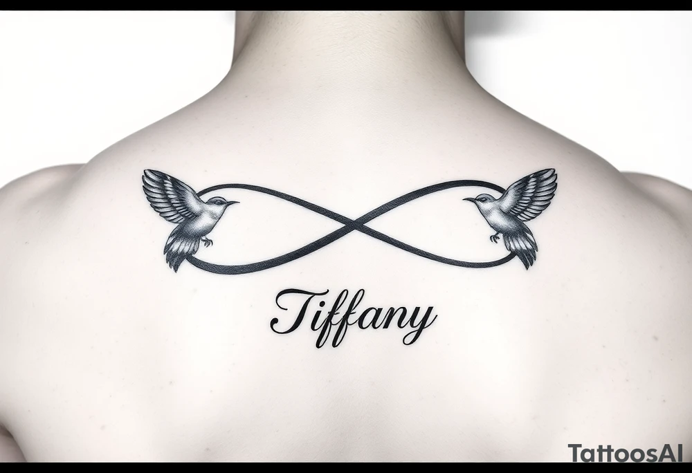 Infinity symbol with birds and the name Tiffany attached to the symbol tattoo idea