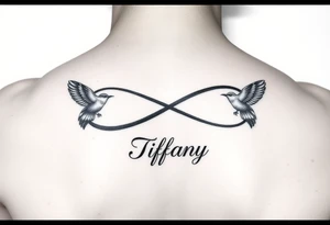 Infinity symbol with birds and the name Tiffany attached to the symbol tattoo idea