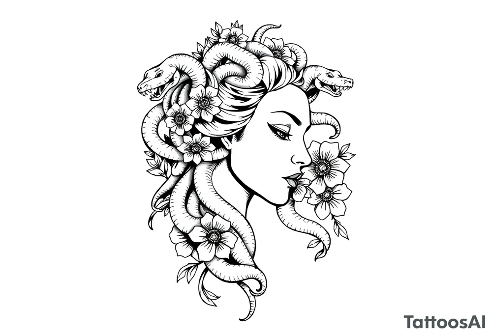 Side portrait of Medusa with snake heads, flowers tattoo idea