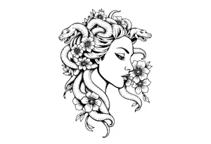 Side portrait of Medusa with snake heads, flowers tattoo idea