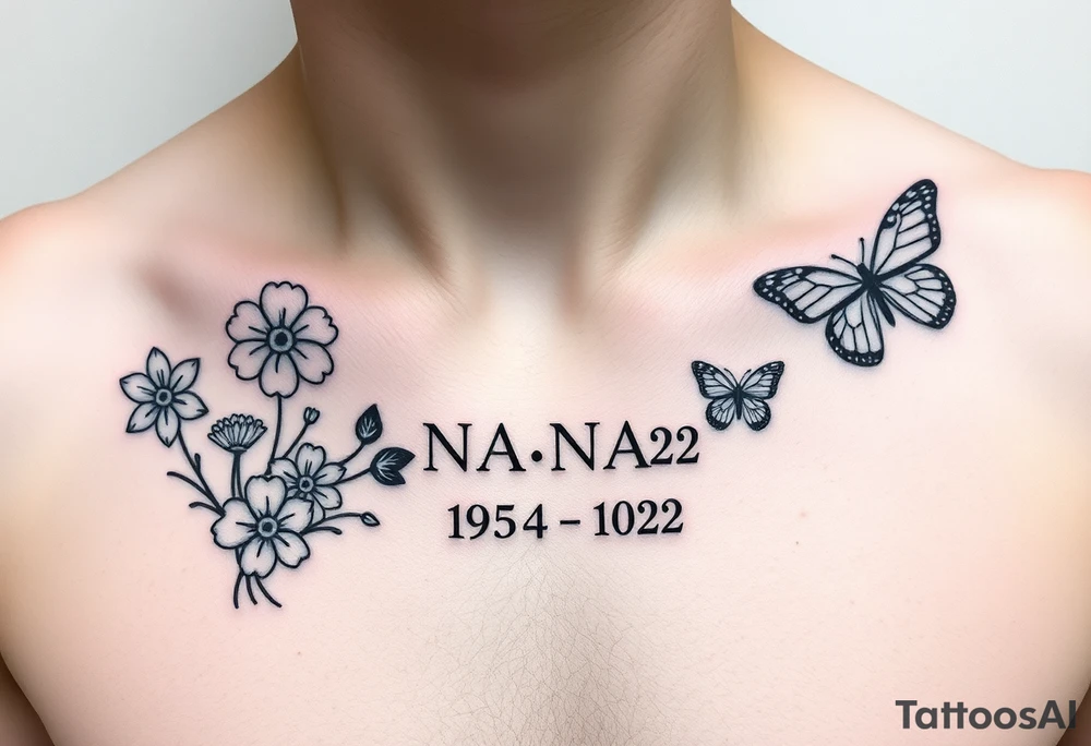 memorial tattoo with flowers and butterflies with the name “NANA” and the date “1954-2022” tattoo idea