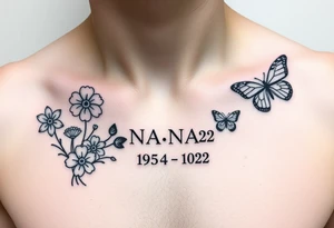 memorial tattoo with flowers and butterflies with the name “NANA” and the date “1954-2022” tattoo idea