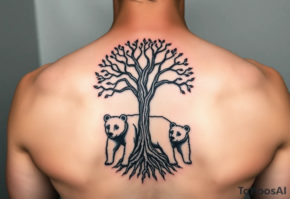 Tree of life with root detail and a mother bear with her cub tattoo idea