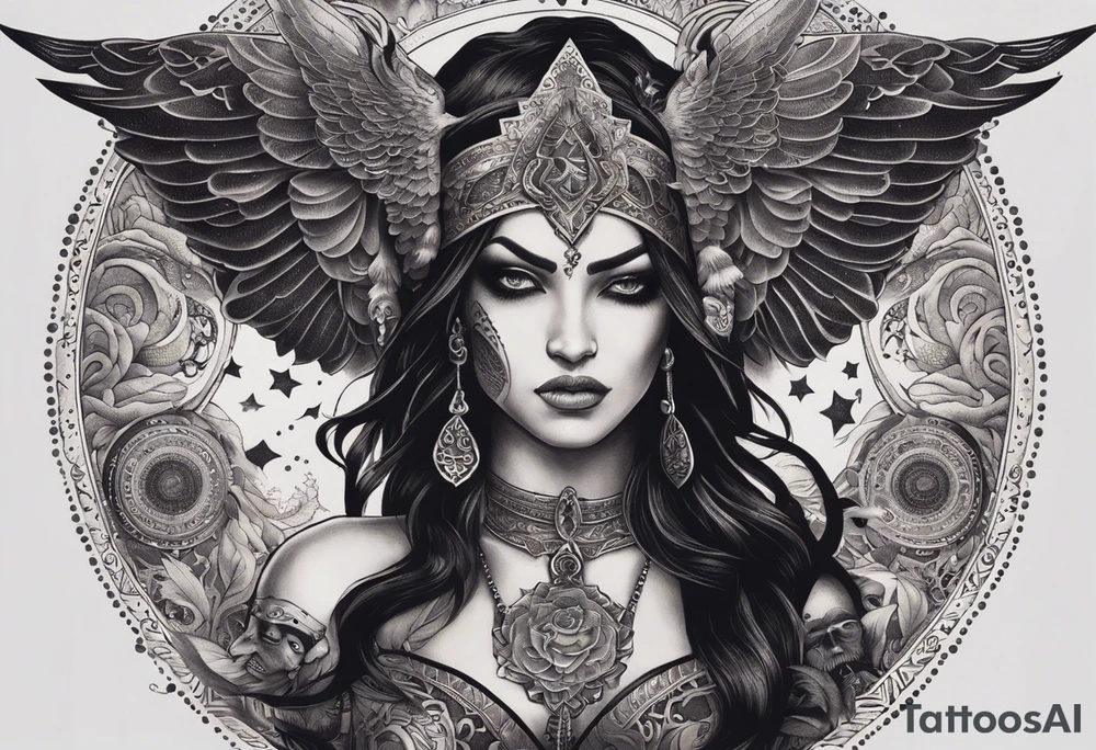 black kali, goddess pirate, alien, angel, pachamama, valkrye, warrior, flying, skull, lotus azul, wing, eagle, zenza resonance, stars, 5D, anahata chakra, death, durga, riding on a tiger, flying lady, chest tatoo tattoo idea