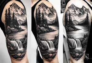 Full sleeve, mountains, river, and waterfall tattoo idea
