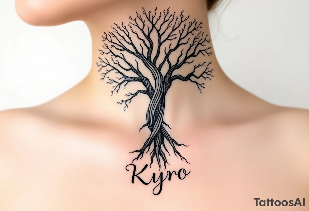 mystical tree of life with cosmic roots and celestial branches with the name Kyro tattoo idea
