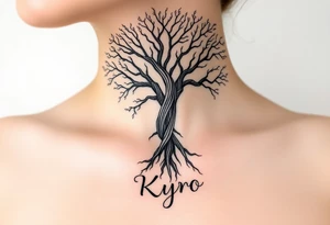 mystical tree of life with cosmic roots and celestial branches with the name Kyro tattoo idea