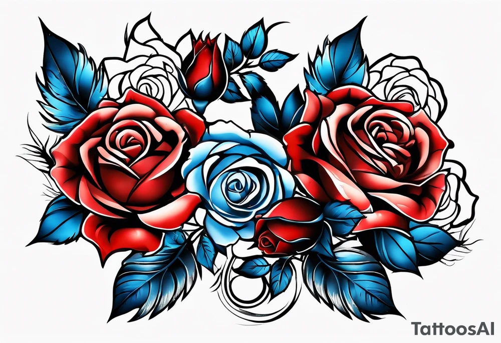 Colored blue and red roses native American tattoo idea