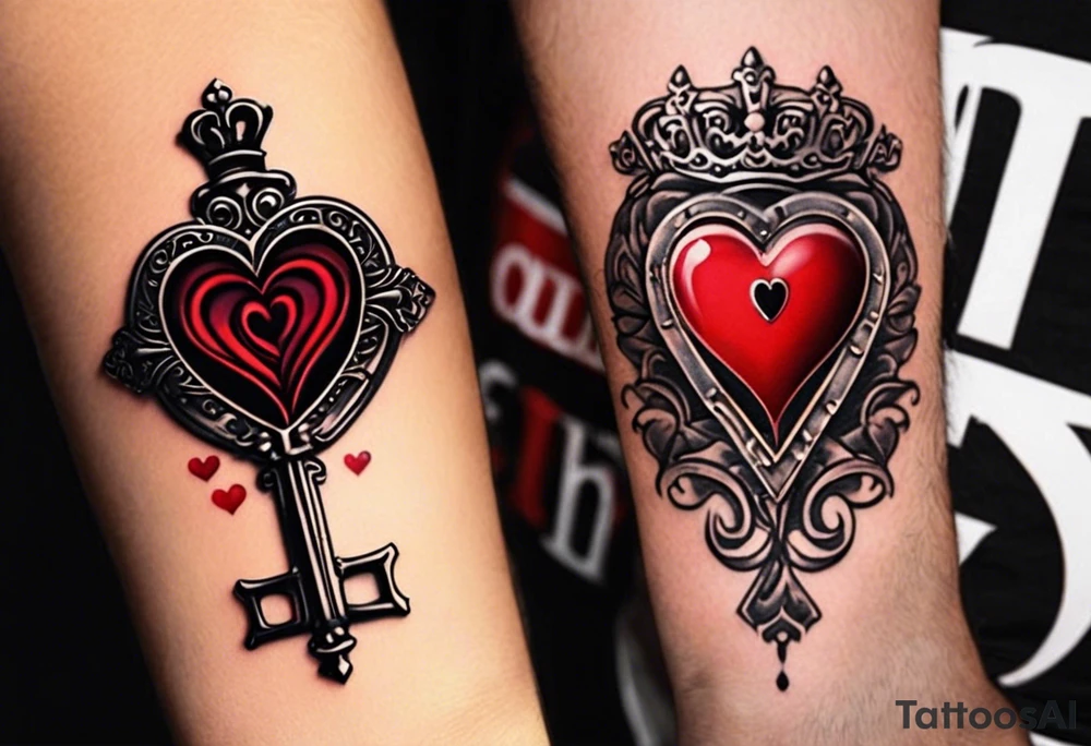 couples tattoo one tattoo is a heart shaped skeleton key with 2016 on it queen of hearts in the design. tattoo on the other person will be a heart shaped locket that has 1999 in the design with the king of hearts. the tattoos next to each other should look to unlock the heart shaped locket tattoo idea