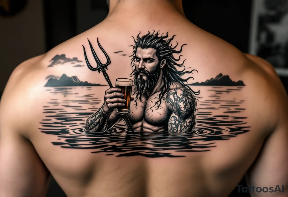 young, happy, fit poseidon in calm water, holding a trident, drinking a beer, with sunset tattoo idea