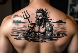 young, happy, fit poseidon in calm water, holding a trident, drinking a beer, with sunset tattoo idea