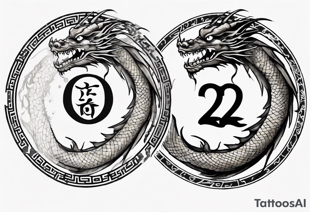 Chinese dragon in a circular shape with "02.03" written on its skin tattoo idea