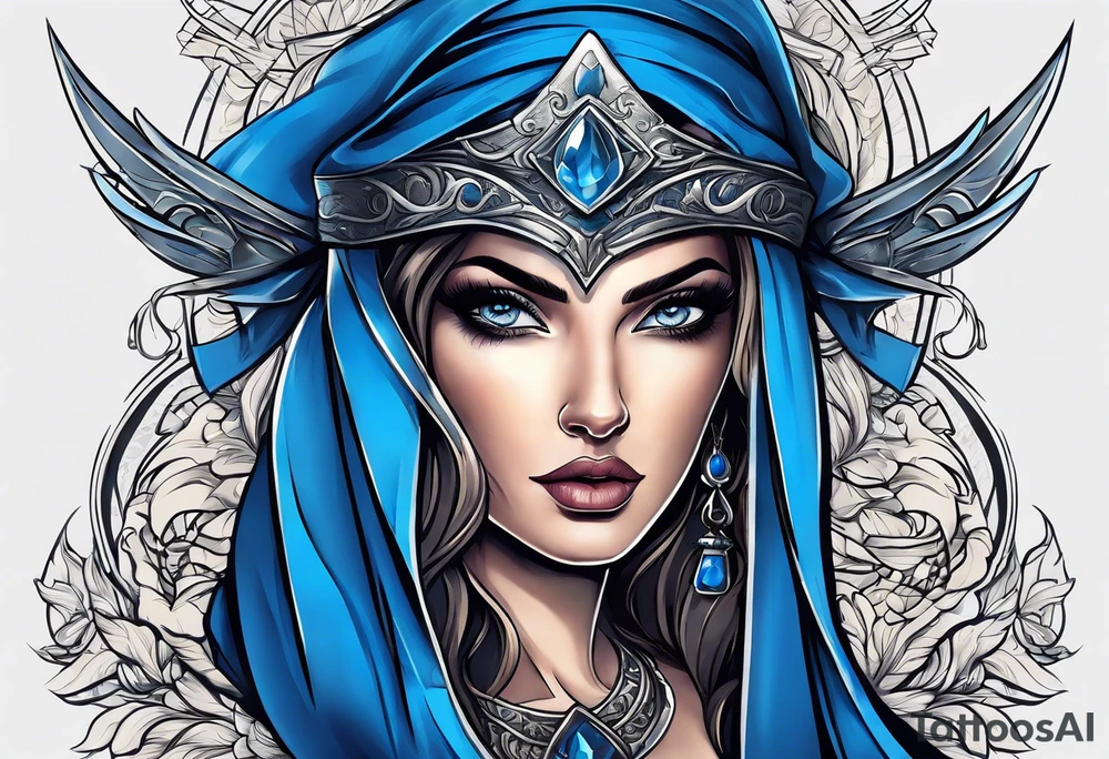 The woman's eyes are covered with a blue ribbon, she holds a sword in one hand and scales in the other . lady justicia tattoo idea