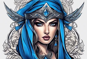 The woman's eyes are covered with a blue ribbon, she holds a sword in one hand and scales in the other . lady justicia tattoo idea
