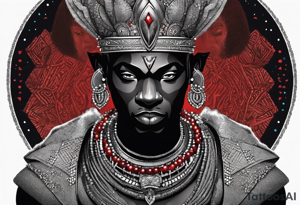 An african god, a bald black-skinned warrior, that uses a sword and a silver crown. He also uses blue and red necklaces tattoo idea