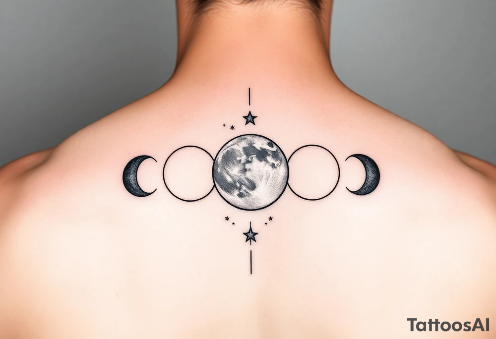5 moon phases going vertical in this order waxing crescent, third quarter phase, full moon, first quarter phase, third quarter phase with the Capricorn constellation without connecting lines just the stars behind it tattoo idea