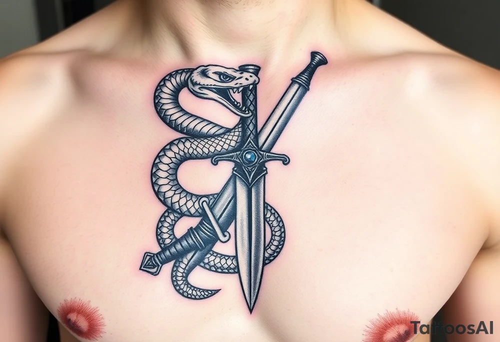 mystical snake coiled around an ancient dagger with jeweled hilt tattoo idea