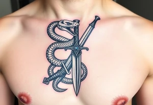 mystical snake coiled around an ancient dagger with jeweled hilt tattoo idea