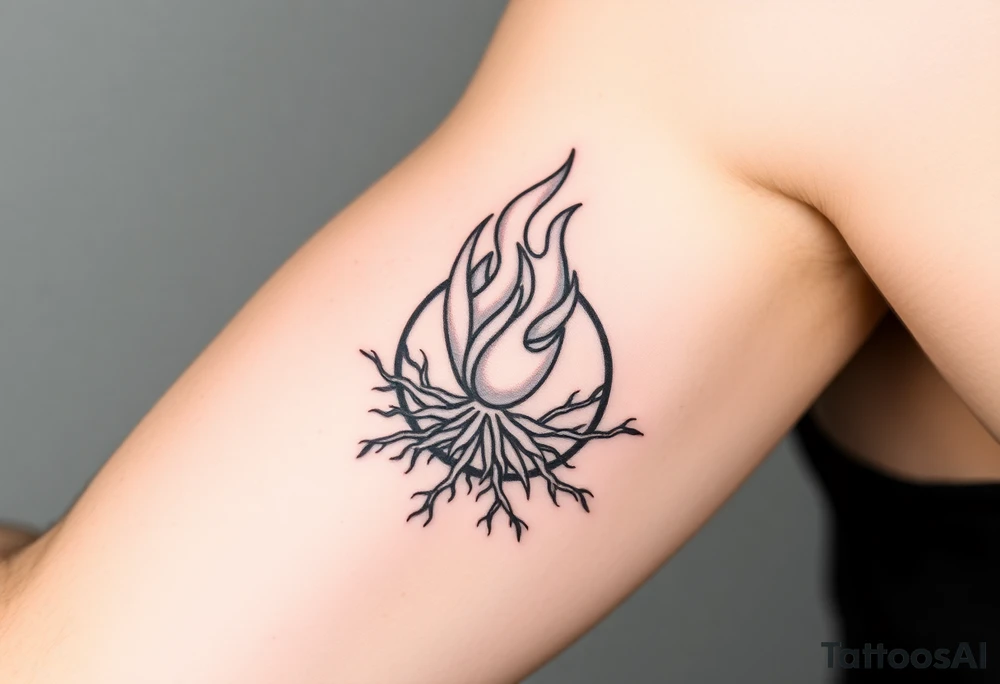 flame in a blooming roots circle tattoo idea