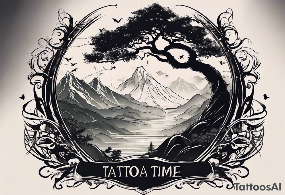 tattoo for the back: in a line, there is a tree with the roots like stairs, where a dragon is coming up, as well somewhere there are some wings, and the words "One day at a time" with the date 4.14.24 tattoo idea