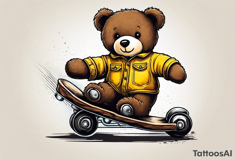 the back of one standing, skinny, brown ,
teddy bear in long, yellow overalls and white roller skates on his feet tattoo idea