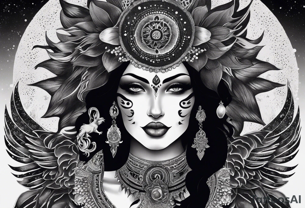 black kali, goddess pirate, alien, angel, pachamama, valkrye, warrior, flying, skull, lotus azul, wing, eagle, zenza resonance, stars, 5D, anahata chakra, death, durga, riding on a tiger, flying lady, kundalini, chest tatoo, samuri, rebel,serpent tattoo idea