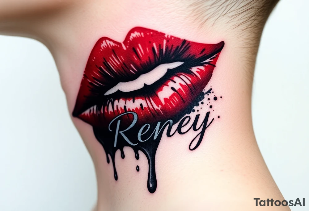 Seductive Stain from lipstick kiss with name Reney lowercase with drool tattoo idea
