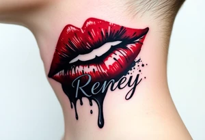 Seductive Stain from lipstick kiss with name Reney lowercase with drool tattoo idea