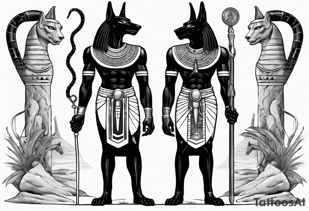 Egyptian god Anubis with snakes next to him in the desert tattoo idea