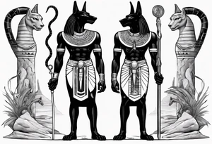 Egyptian god Anubis with snakes next to him in the desert tattoo idea