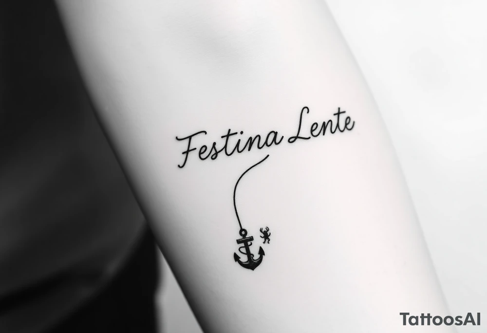 A small, minimal conceptual tattoo for the inner arm.
The phrase “Festina Lente” is not written traditionally; instead, the entire text is formed subtly from a single thin rope.
At the lower end of the rope, a small anchor is attached and appears embedded into the skin, symbolizing patience and stability.
At the opposite end, the rope is being pulled by a very small, minimal, symbolic devil silhouette representing haste.
The rope naturally twists and curves to form the letters of “Festina Lente”, so that at first glance it looks like an abstract rope composition, but upon closer inspection the text becomes readable.
Highly refined, modern calligraphic flow created by the rope itself, elegant and understated.
Black ink only, ultra-fine line work, minimal shading, strong use of negative space, contemporary 2026 tattoo style.
No traditional tattoo elements, no bold outlines, no old-school style, no decorative ornaments.
Clean, intelligent, subtle storytelling tattoo suitable for a small inner-arm placement. tattoo idea
