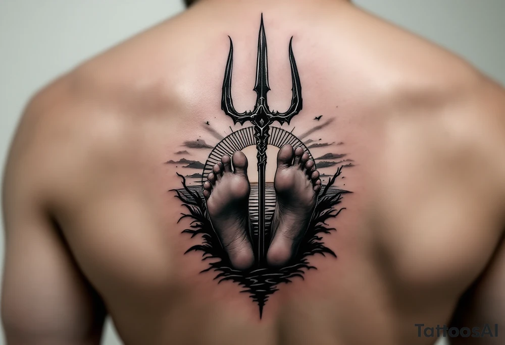 barefeet behind trident with water and sunset tattoo idea