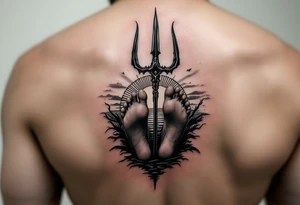 barefeet behind trident with water and sunset tattoo idea