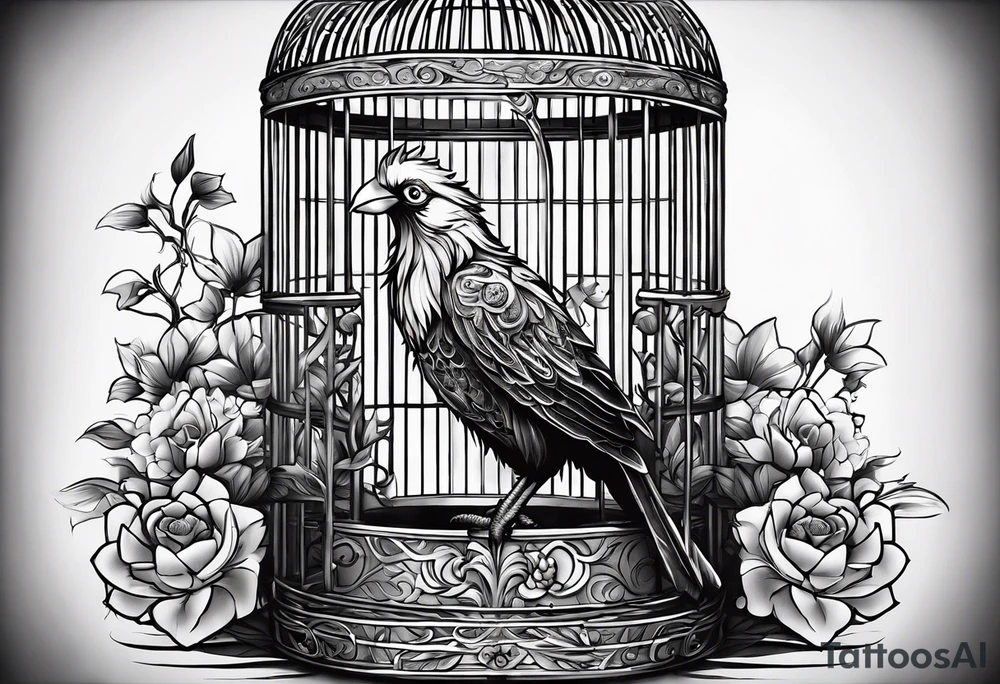 really big bird in a long but too small cage for him. Add decoration on the left top of the cage like flowers or foliage tattoo idea