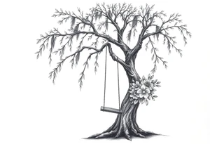 Willow tree with 7 branches with a swing hanging from one with florals tattoo idea