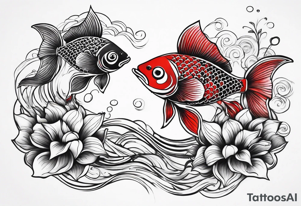 twin coi fish one red one black with waves and lotus flowers tattoo idea