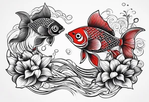 twin coi fish one red one black with waves and lotus flowers tattoo idea