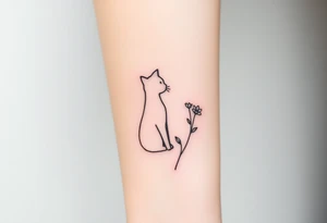 Line tattoo of a cat figure, dies not have to be complete  combining into a flower stem with a cute flower tattoo idea