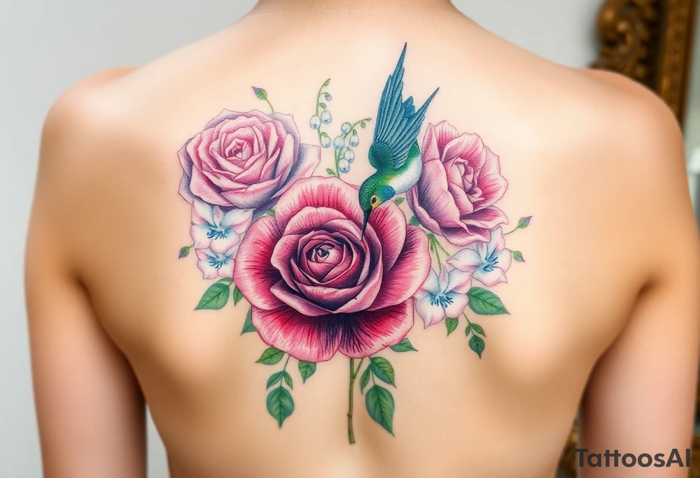 Bouquet of flowers with watercolors carnation, rose, Lily of the valley, delphinium with stems Starting upper middle back to right shoulder With humming bird feeding on rose.  Soft tones tattoo idea