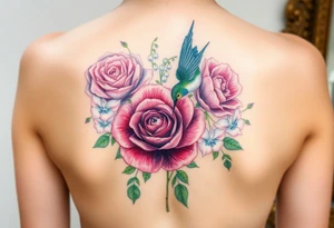 Bouquet of flowers with watercolors carnation, rose, Lily of the valley, delphinium with stems Starting upper middle back to right shoulder With humming bird feeding on rose.  Soft tones tattoo idea