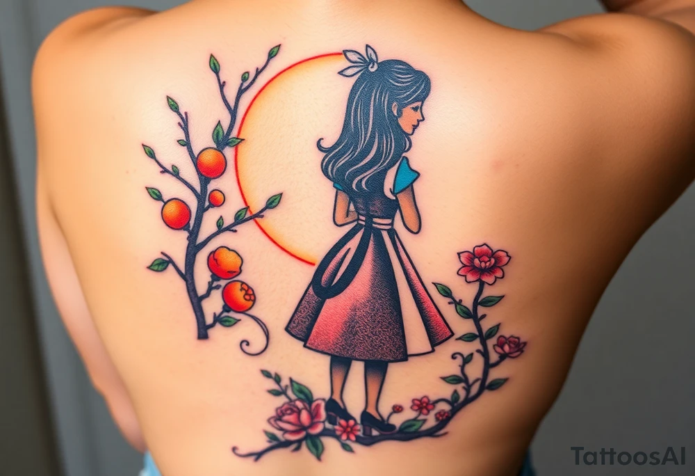 Alice's back silhouette entering a garden. There is a orange tree, and flowers there. tattoo idea
