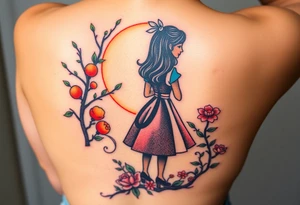 Alice's back silhouette entering a garden. There is a orange tree, and flowers there. tattoo idea