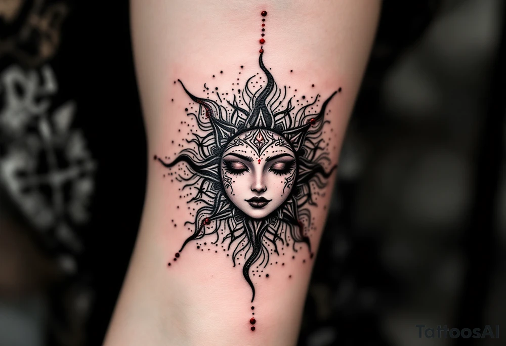 This black-and-grey Celtic sun tattoo with crimson dotwork evokes mysterious solar magic. tattoo idea