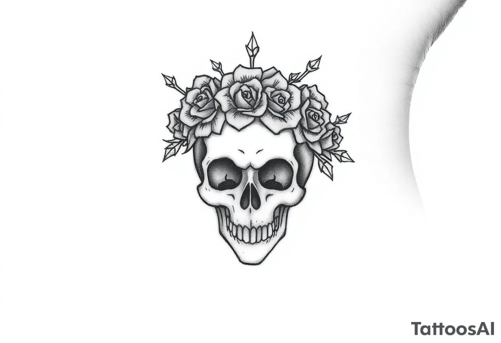 ornate skull adorned with crown of wild roses and thorns tattoo idea