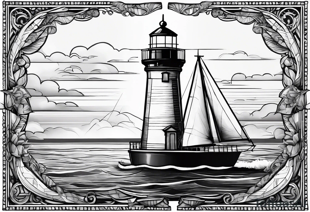 maritime lighthouse in a front view sailboat serving as a mast for a sail. tattoo idea