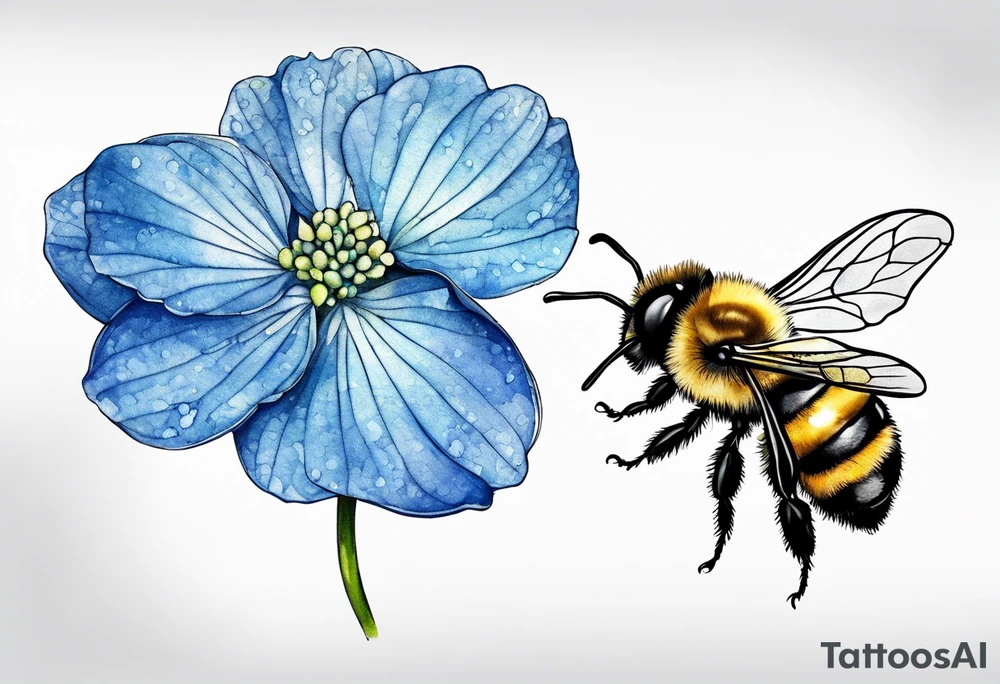 Small minimalist tattoo for forearm of a blue Hydrangea and a very small bee. tattoo idea