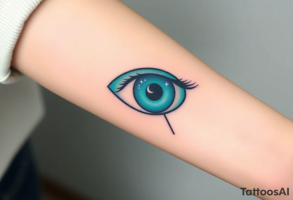 Large outline of a greenish blue eye shaped like an almond with eyeball in the shape of a spade symbol and long pretty black eyelashes + a crescent moon stars and clouds inside of the eyeball only + using vivid colors like blue green purple light blue light green light purple tattoo idea