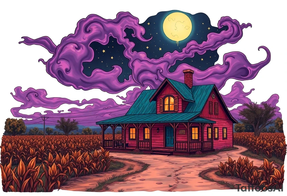 Tim Burton’s el paso texas farm house, with corn crops and pecan orchard from outside view is the street abandoned and dripping with muted reds, dusty pinks, and eerie green glow purple and cyan smokey clouds swirl and dance in the moonlit night sky filled with twinkling stars  tattoo idea tattoo idea
